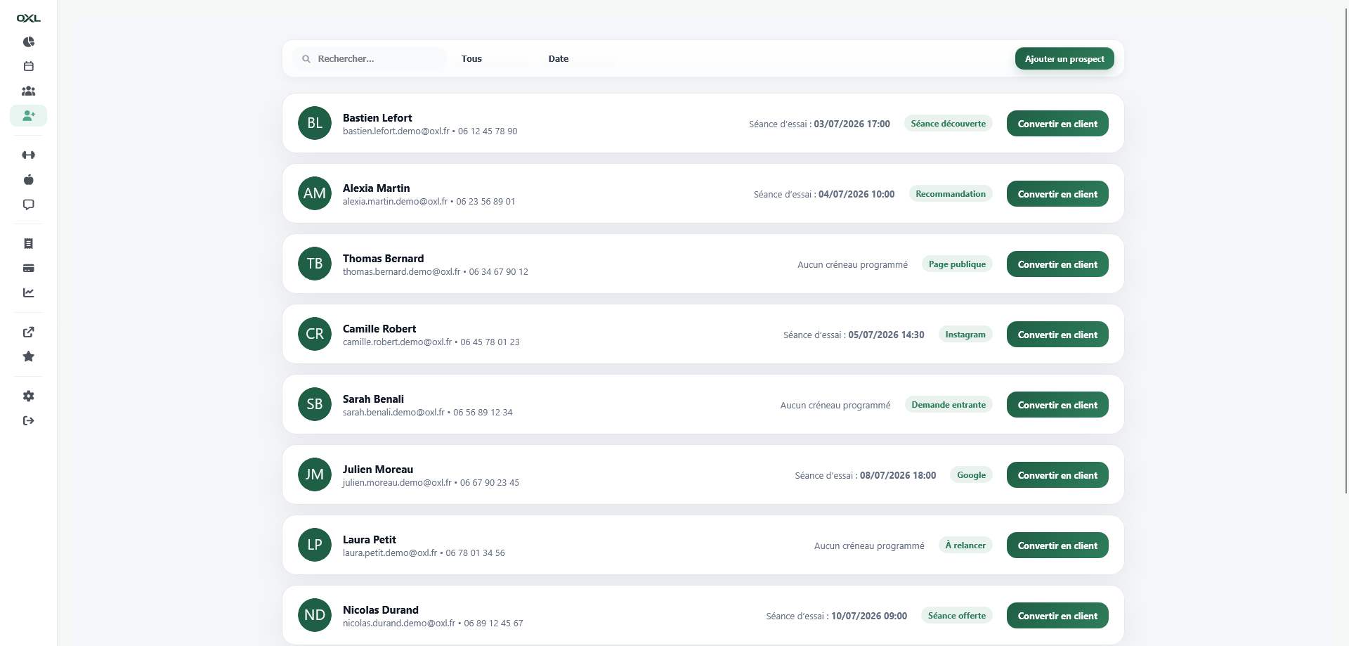 Gestion des prospects OXL sur desktop